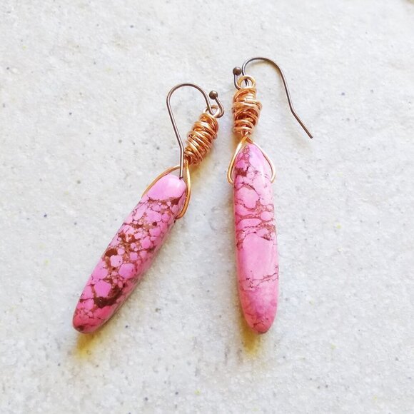 Pink & Mocha Mousse Stone Spikes + Copper Wire Earrings - Sexy Edgy Girly Hot - Picture 2 of 8